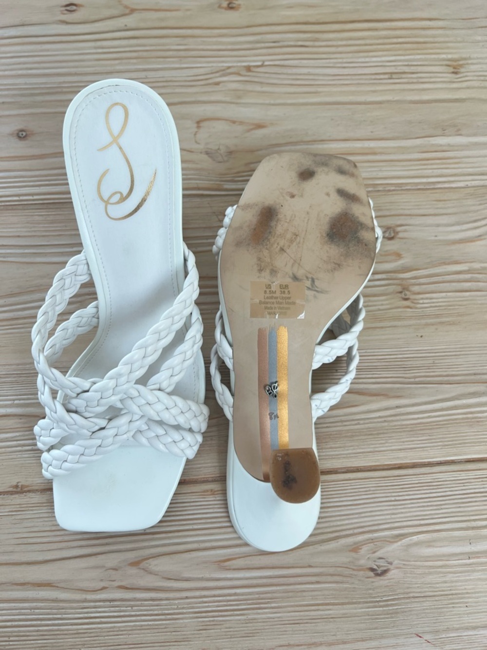 Sam Edelman White Braided Strap Heels Square Toe Mule Sandals Size 8.5 - Picture 5 of 6
